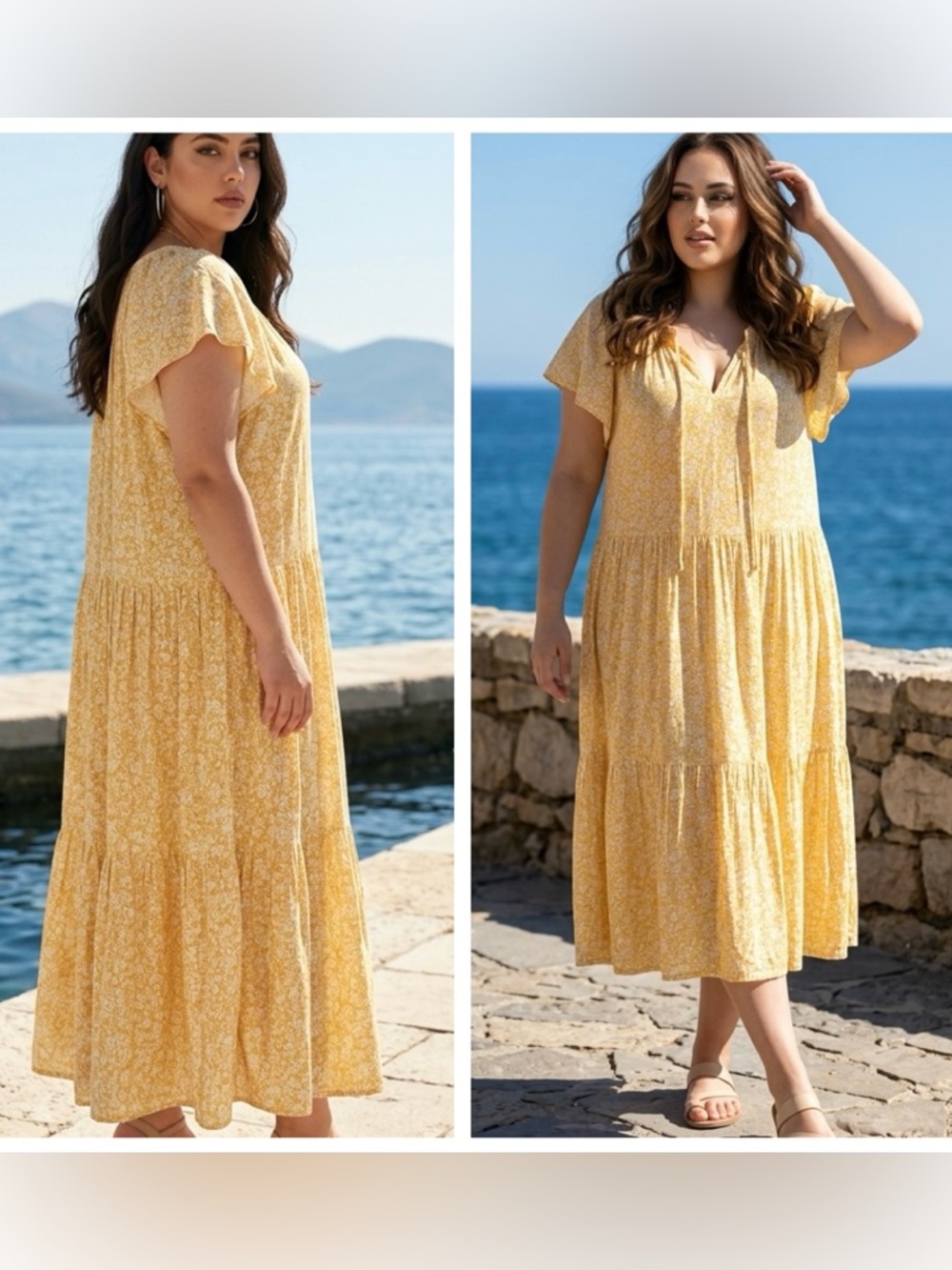 Wonderly Women’s Sz 2X Yellow Floral Tiered flutter sleeve pullover Maxi Dress